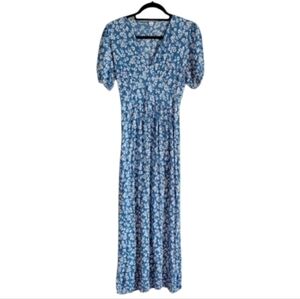 Blue Floral Silk Short Sleeve Maxi Dress Cottagecore Praire Garden Party Large